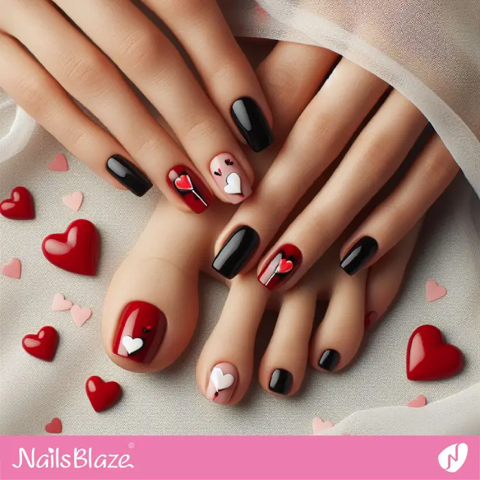 Red and Black Valentine Candy Manicure and Pedicure Design | Valentine Nails - NB2302